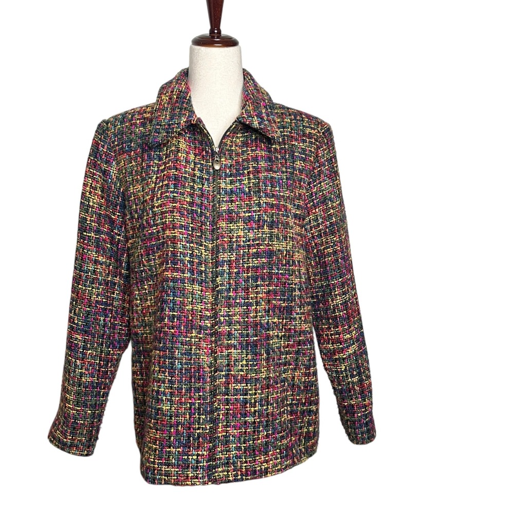 Alfred‎ Dunner Womens Jacket Size 14 Colorful Tweed Zip Front Retro Blazer Coat